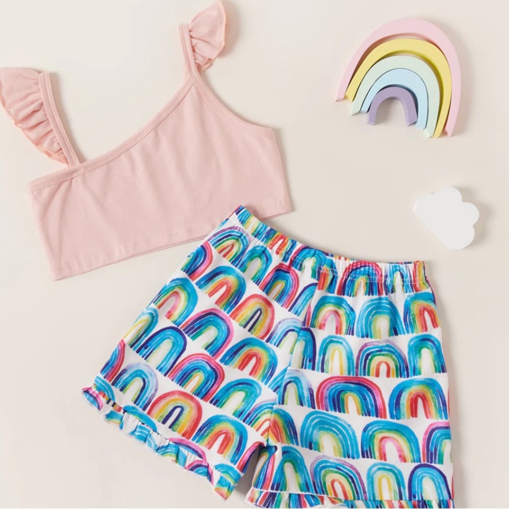 Kids Asymmetrical Neck Top and Rainbow Print Shorts Set